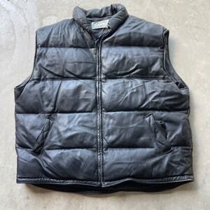 Vintage Schott NYC Black Leather Down Puffer Vest Made in USA Mens 4X